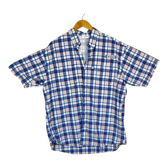 Columbia PFG Blue White Orange Plaid Print Short Sleeve Fishing Shirt Size Large - Picture 1 of 4